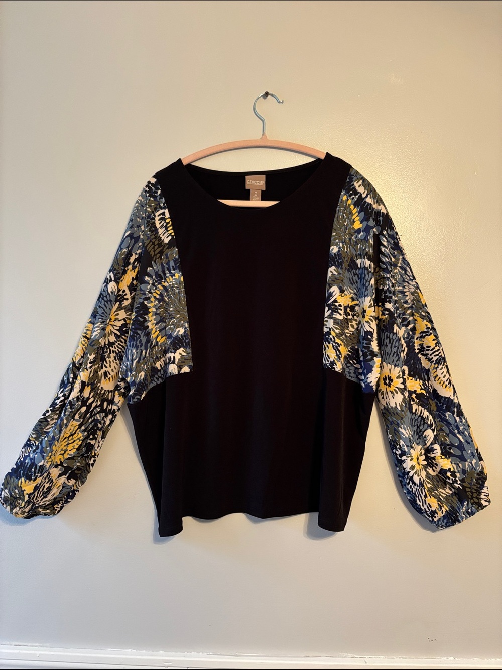 Chico's Black Top with Blue and Yellow Floral Balloon Sleeves